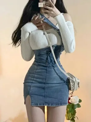Blue Vintage Knitted Two Piece Skirt Set for Women Sexy Denim Party Mini Skirt with Knitted  Long Sleeve Top
