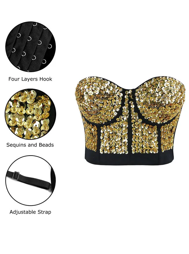 Burlesque Fashion Beaded Sequins Push Up Crop Top Bustier Bra