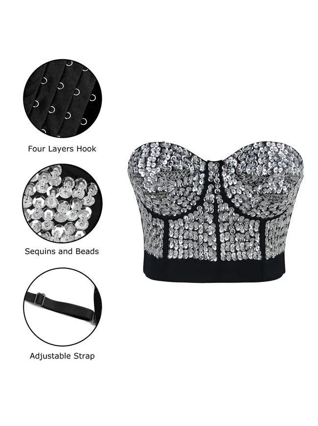 Burlesque Fashion Beaded Sequins Push Up Crop Top Bustier Bra