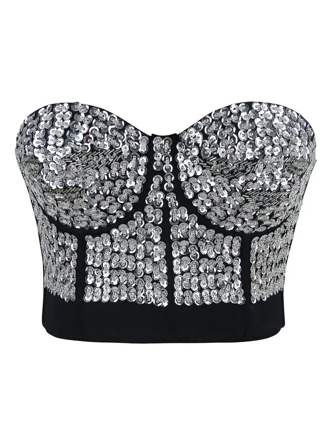 Burlesque Fashion Beaded Sequins Push Up Crop Top Bustier Bra