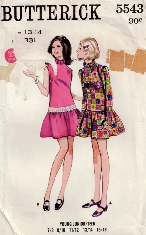 Butterick 5209 Young Junior Teens Drop Waisted Ruffled Hem Dress 1960s Vintage Sewing Pattern Size 13/14 Bust 33.5 Inches