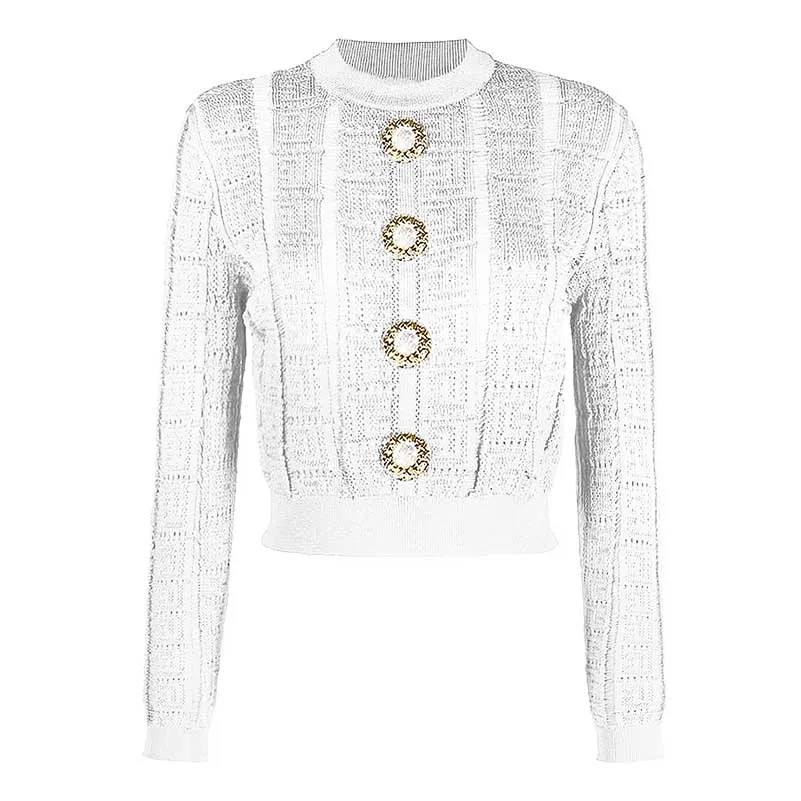 Button Detail Long Sleeves Knitted Crop Top