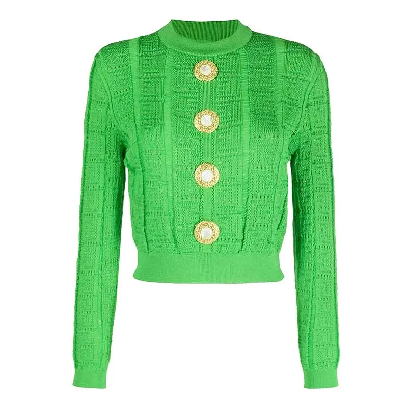Button Detail Long Sleeves Knitted Crop Top