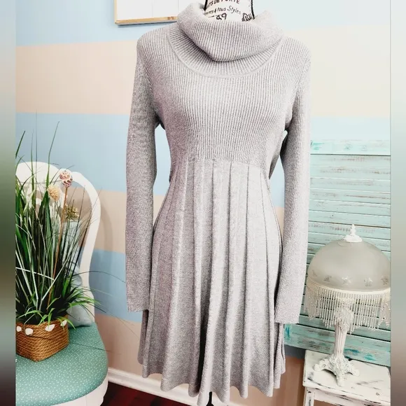 Calvin Klein Grey Cowl Neck Flare Shimmering Sweater Dress