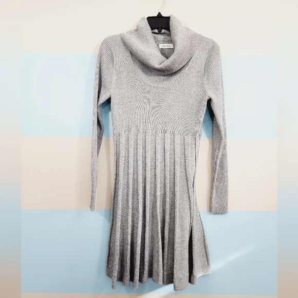 Calvin Klein Grey Cowl Neck Flare Shimmering Sweater Dress
