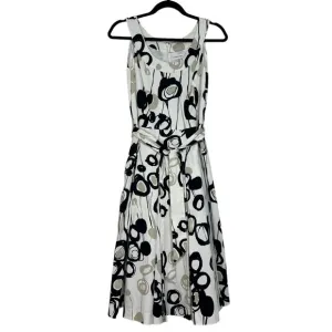 Calvin Klein White and Black Scoop Neck Fit and Flare Pleated Tie Waist Dress 6