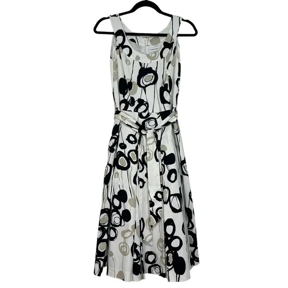Calvin Klein White and Black Scoop Neck Fit and Flare Pleated Tie Waist Dress 6