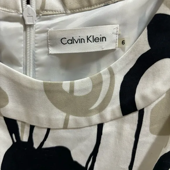 Calvin Klein White and Black Scoop Neck Fit and Flare Pleated Tie Waist Dress 6