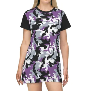 Camo Print T-Shirt Dress Tunic Length With Contrast Sleeves Purple, White and Black Camouflage