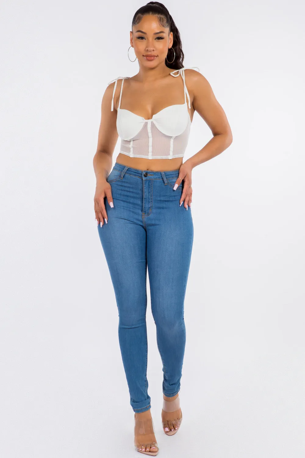 Cece Mesh Bustier Crop Top - White
