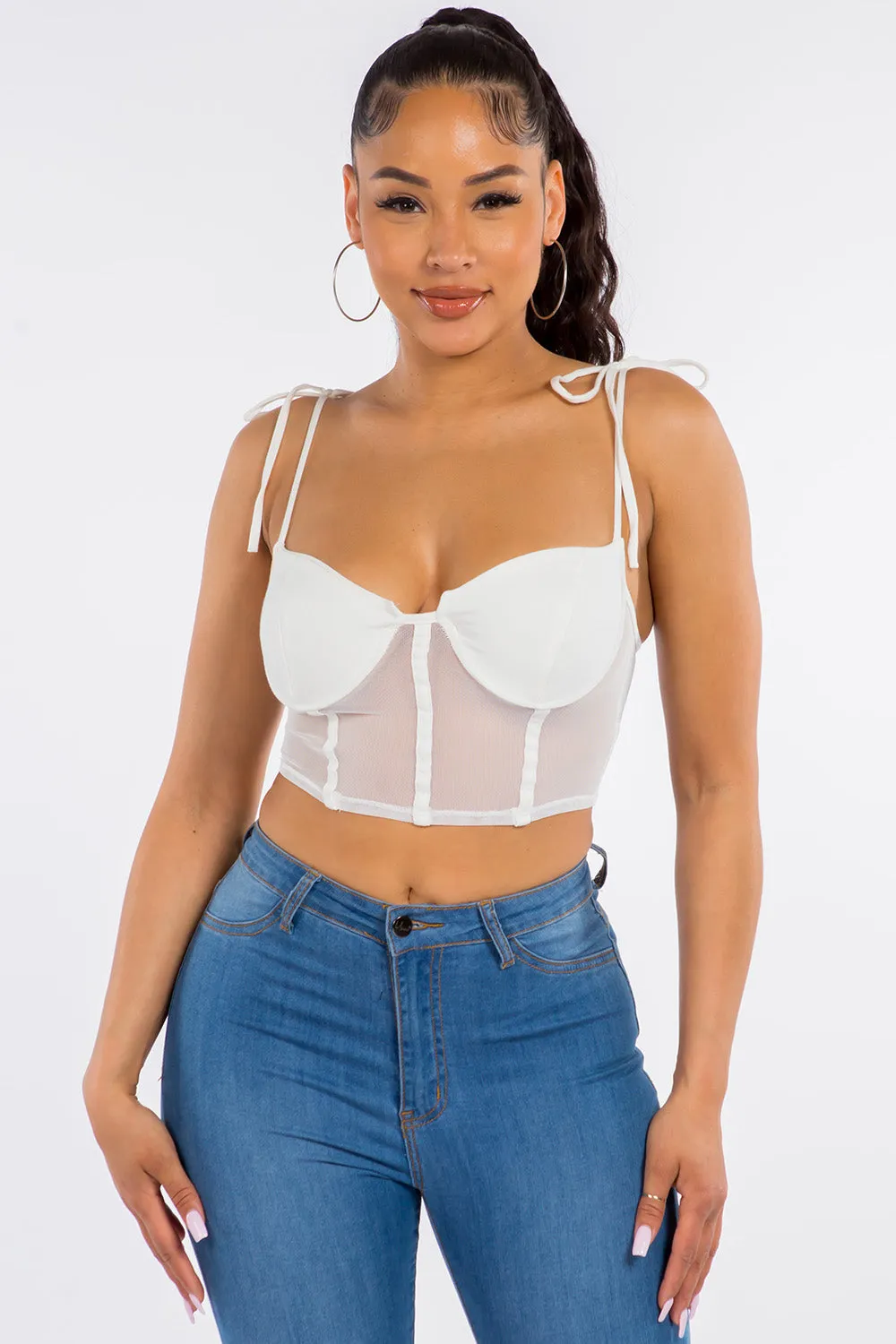 Cece Mesh Bustier Crop Top - White