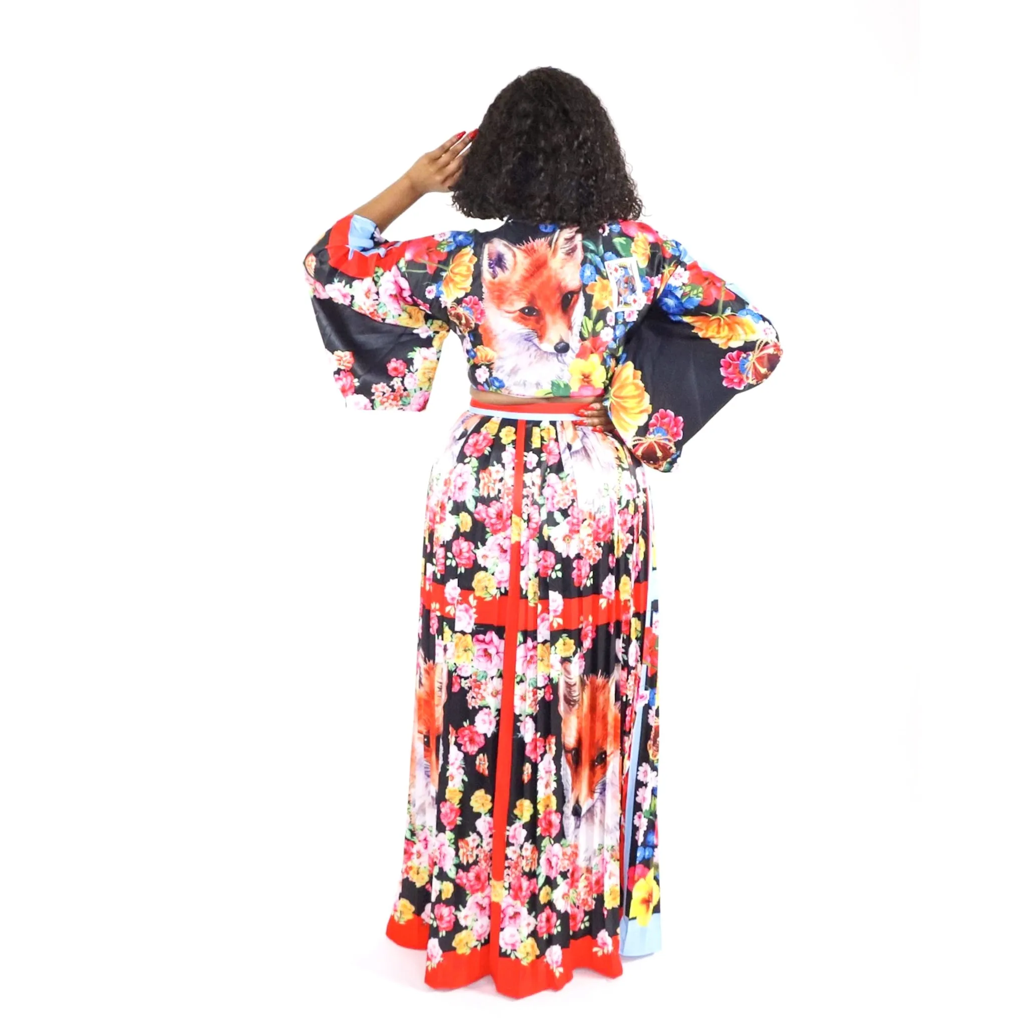 China Garden Red Blue Multi Color Skirt 2 Piece Skirt Set