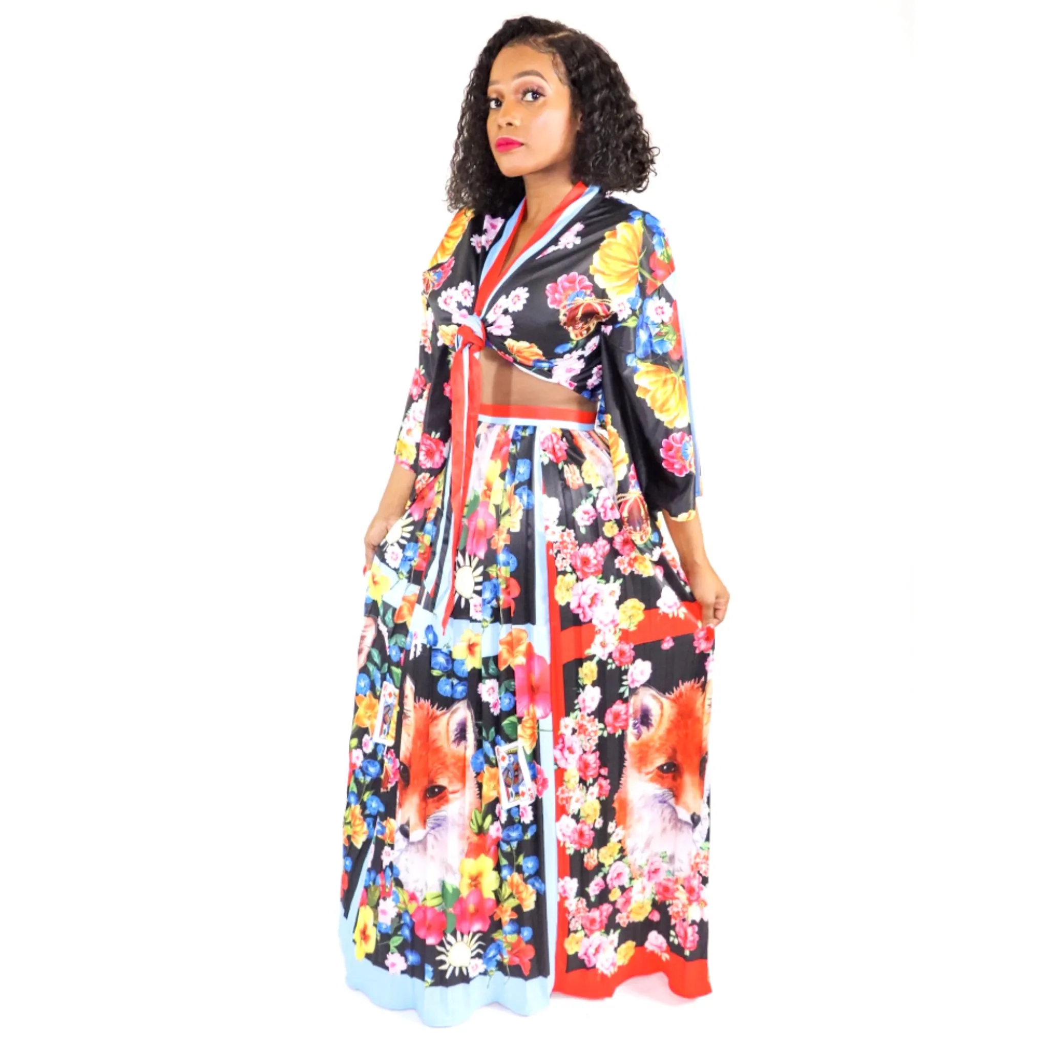 China Garden Red Blue Multi Color Skirt 2 Piece Skirt Set