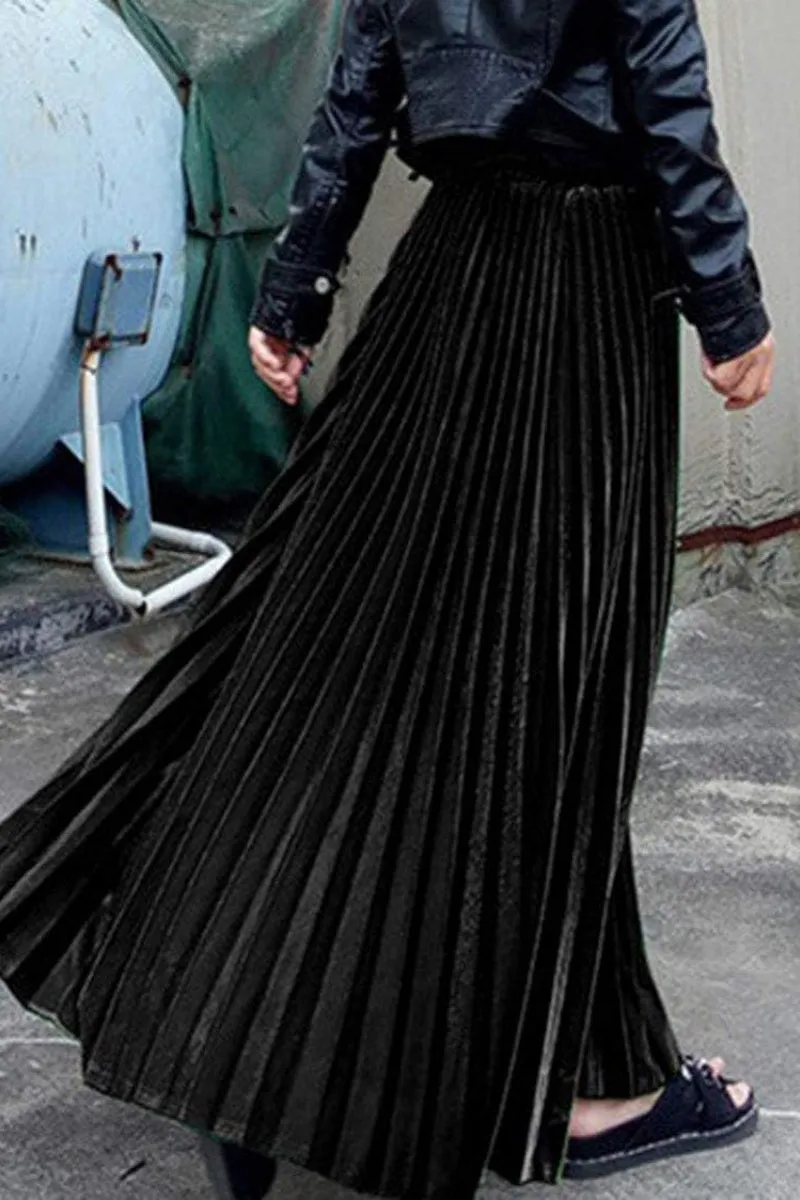 Chouyatou Women's Fall Winter High Wasit Ankle Length Velvet Maxi Long Pleated Skirt