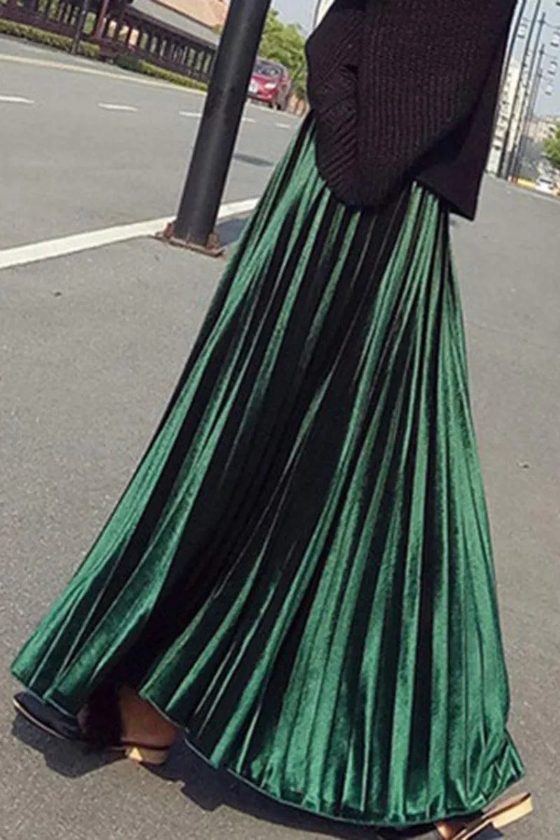 Chouyatou Women's Fall Winter High Wasit Ankle Length Velvet Maxi Long Pleated Skirt