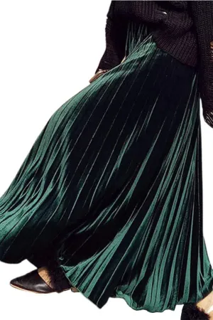 Chouyatou Women's Fall Winter High Wasit Ankle Length Velvet Maxi Long Pleated Skirt