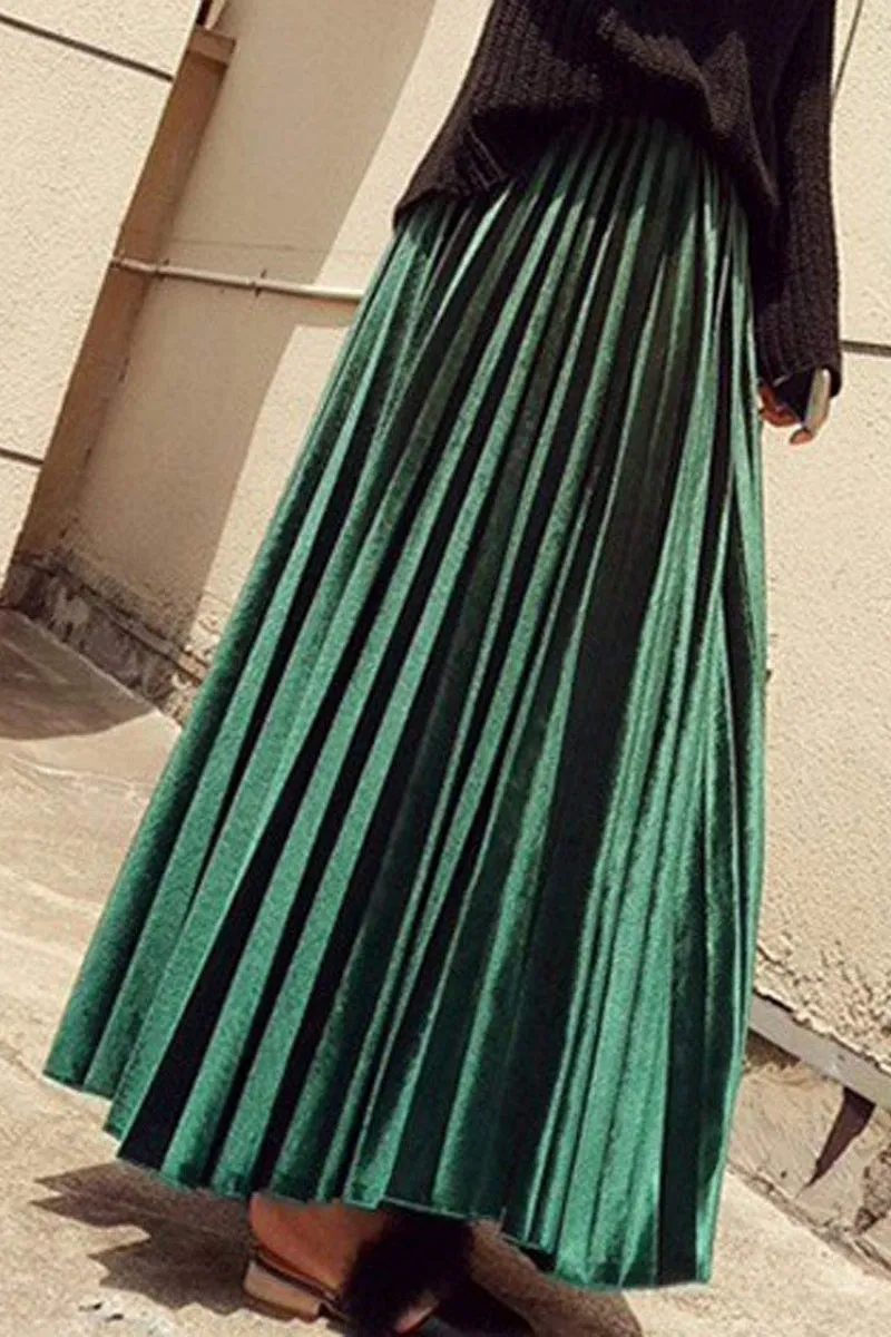 Chouyatou Women's Fall Winter High Wasit Ankle Length Velvet Maxi Long Pleated Skirt