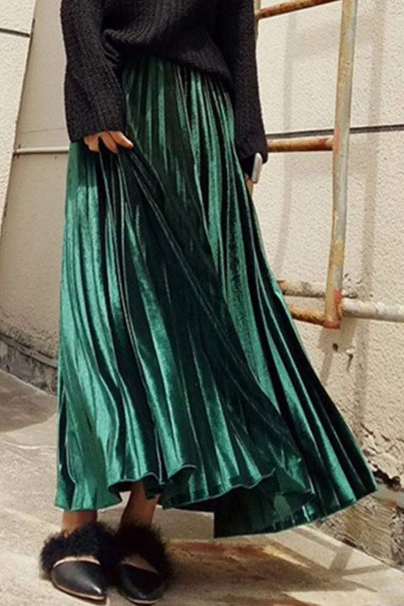 Chouyatou Women's Fall Winter High Wasit Ankle Length Velvet Maxi Long Pleated Skirt