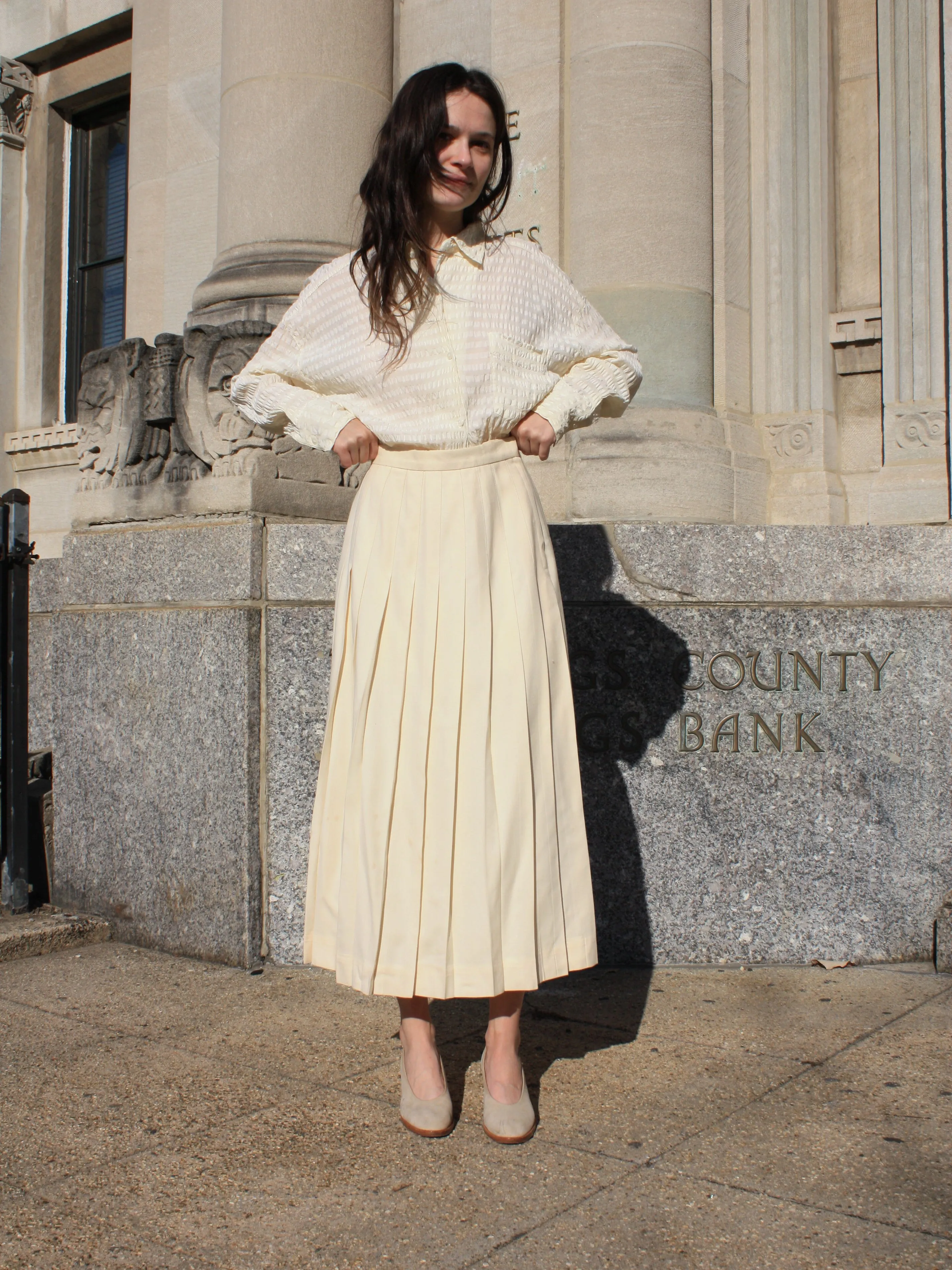 Cream Pleated Midi Skirt