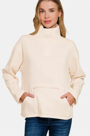 Cream Turtleneck Half Snap Fleece Sweatshirt