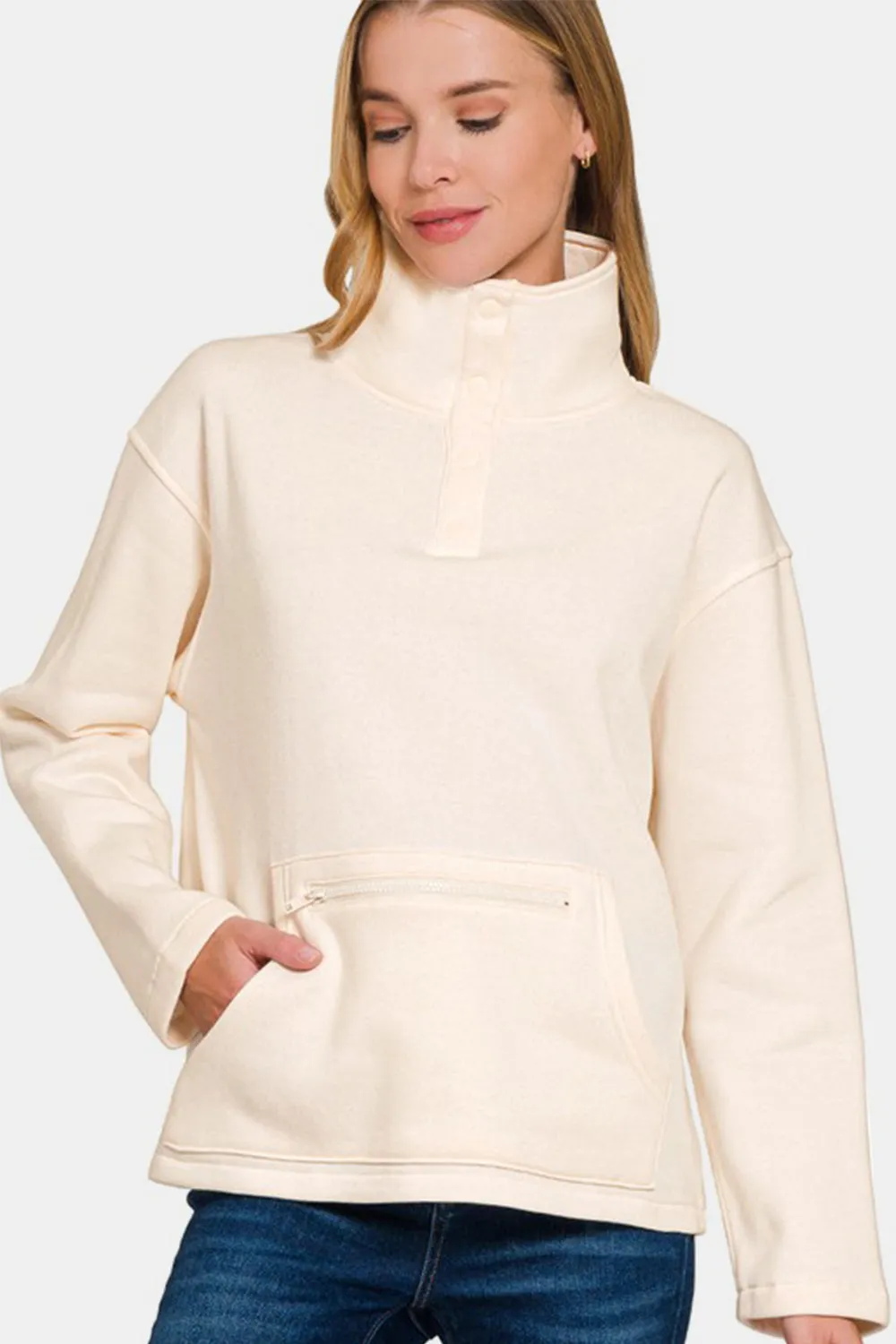 Cream Turtleneck Half Snap Fleece Sweatshirt