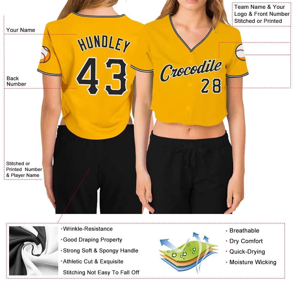 Custom Women's Gold Black-White V-Neck Cropped Baseball Jersey
