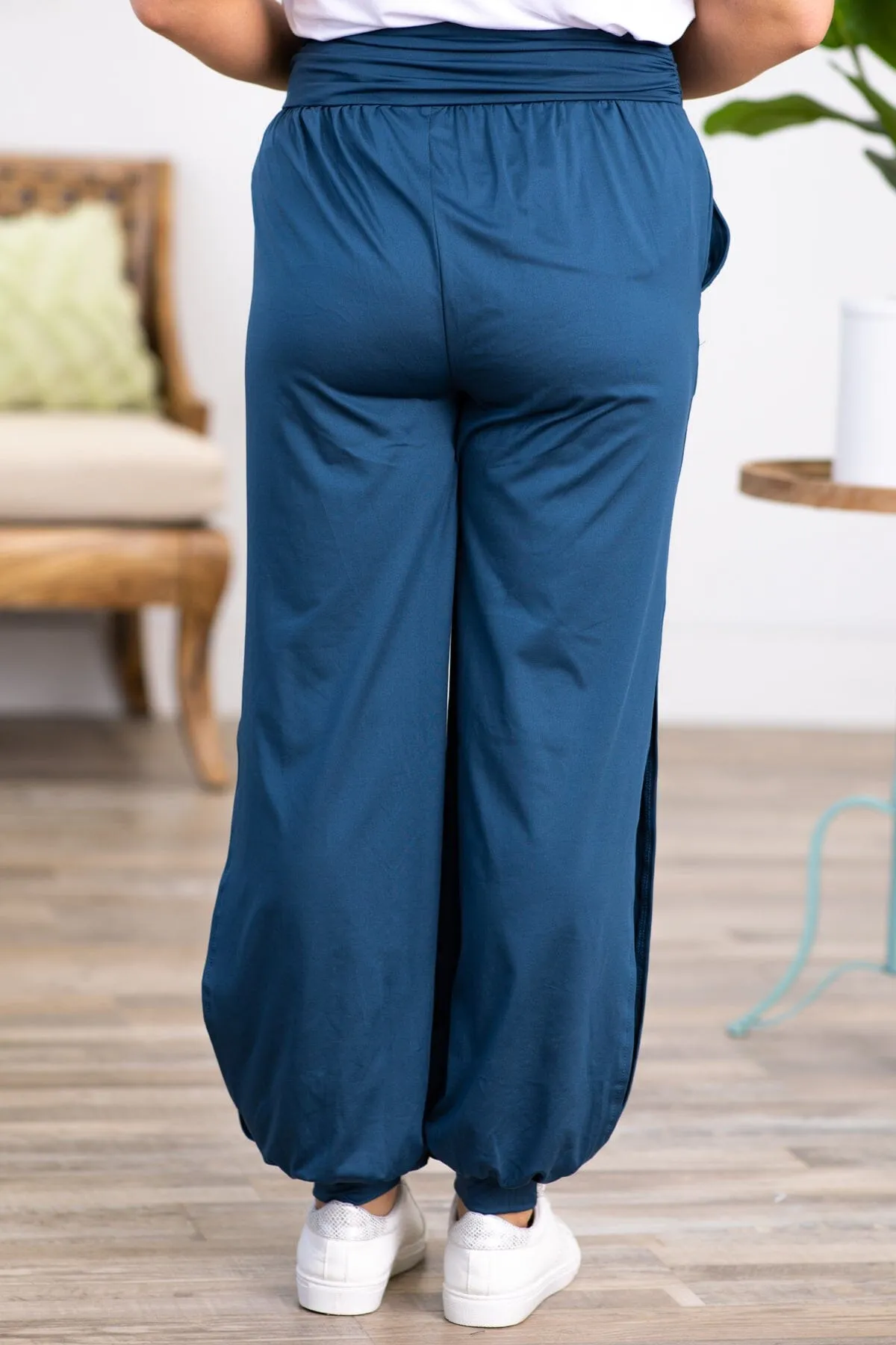 Dark Teal Ruched Waist Joggers With Side Slits
