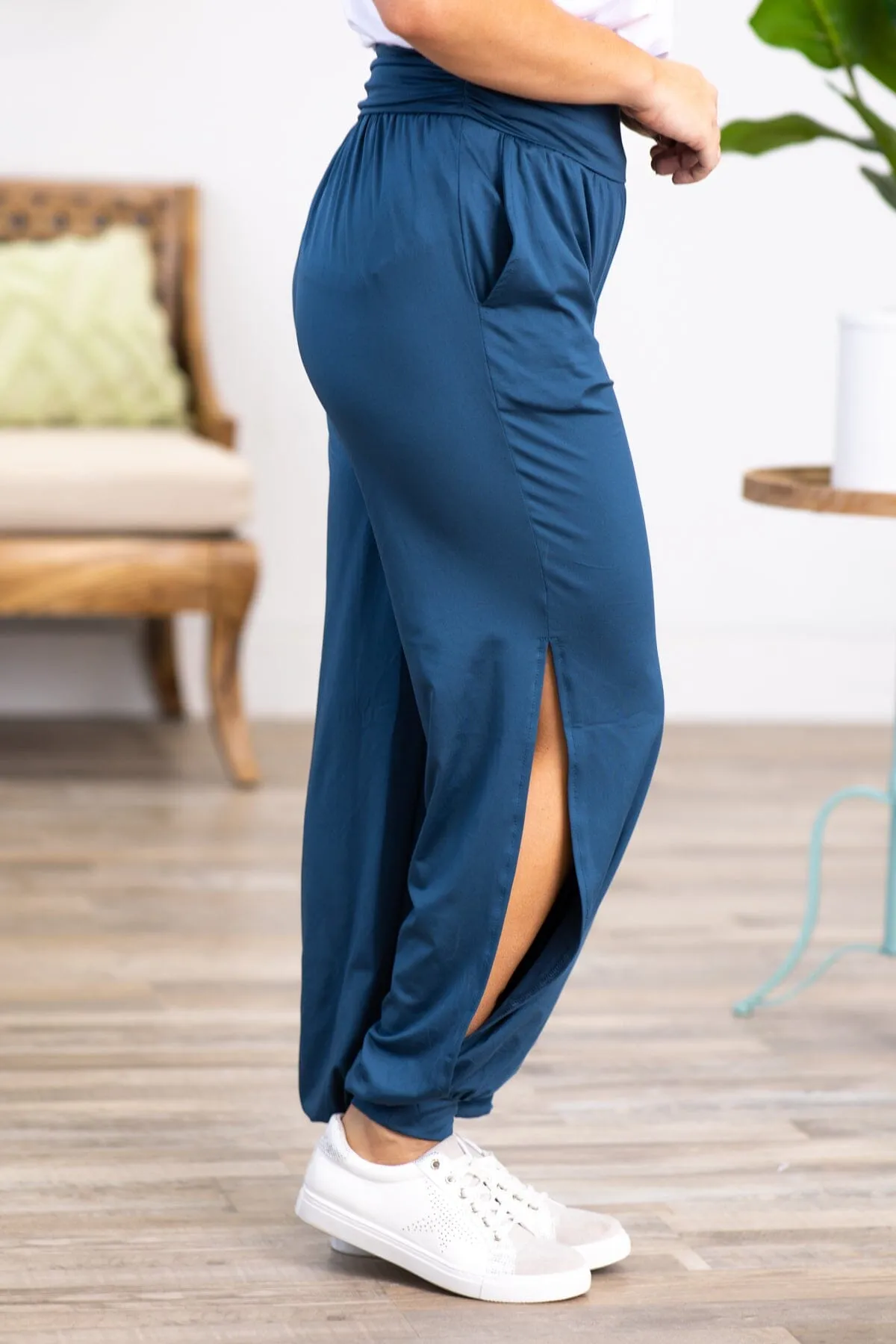 Dark Teal Ruched Waist Joggers With Side Slits