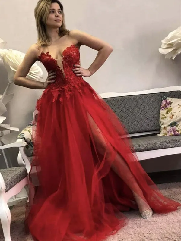 Deep V Neck Red Lace Floral Long Prom with Slit, Red Lace Formal, Red Evening