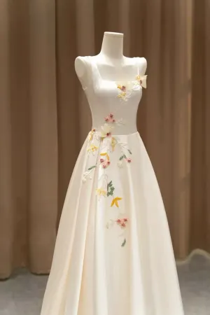 Elegant Satin Floor Length Formal Dress with 3D Flowers, Light Champagne A-Line Evening Party Dress  fg7524