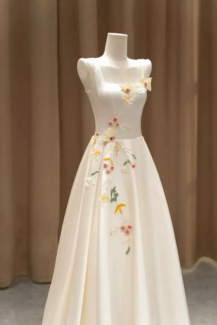 Elegant Satin Floor Length Formal Dress with 3D Flowers, Light Champagne A-Line Evening Party Dress  fg7524