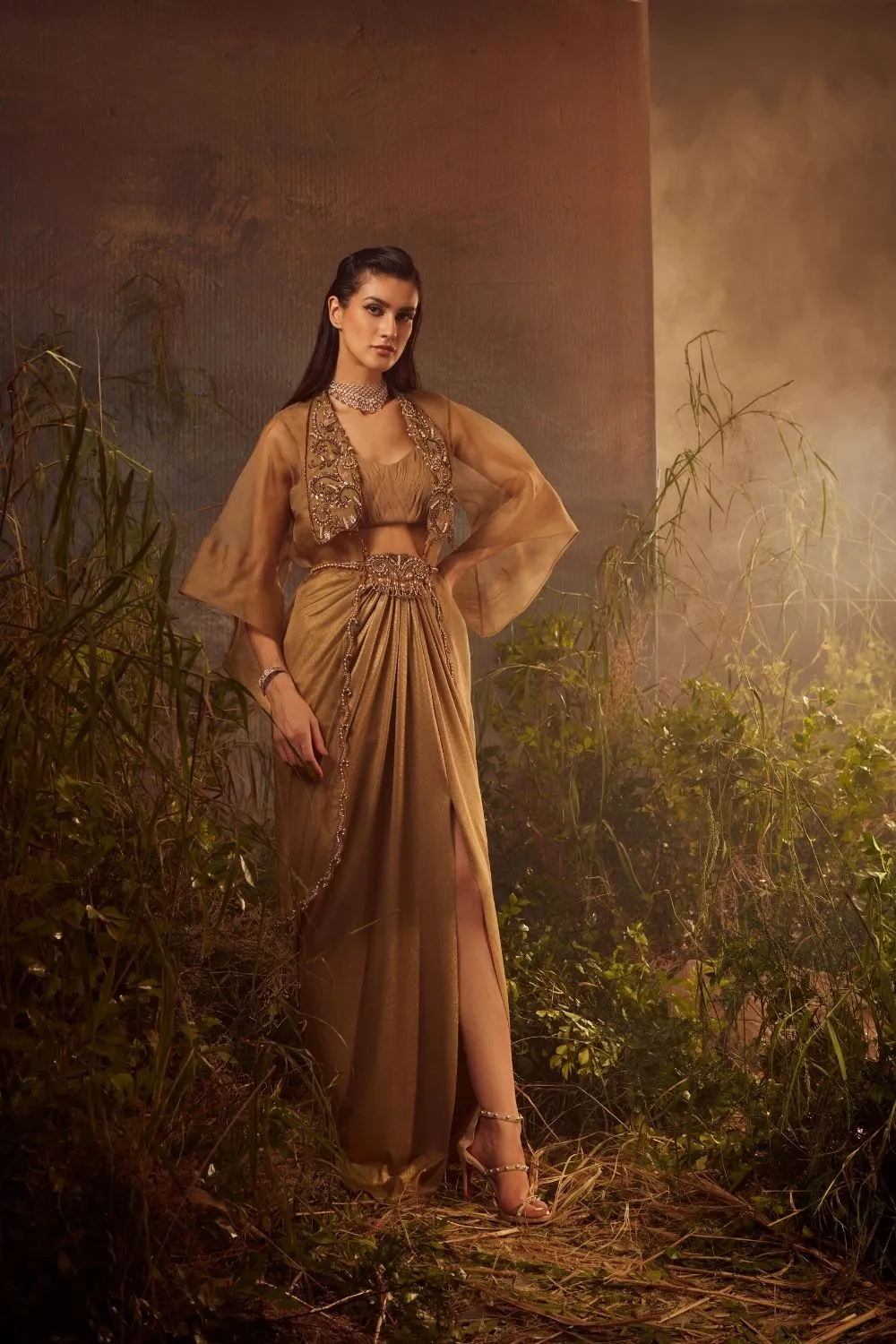 Embroidered cape with drape skirt set