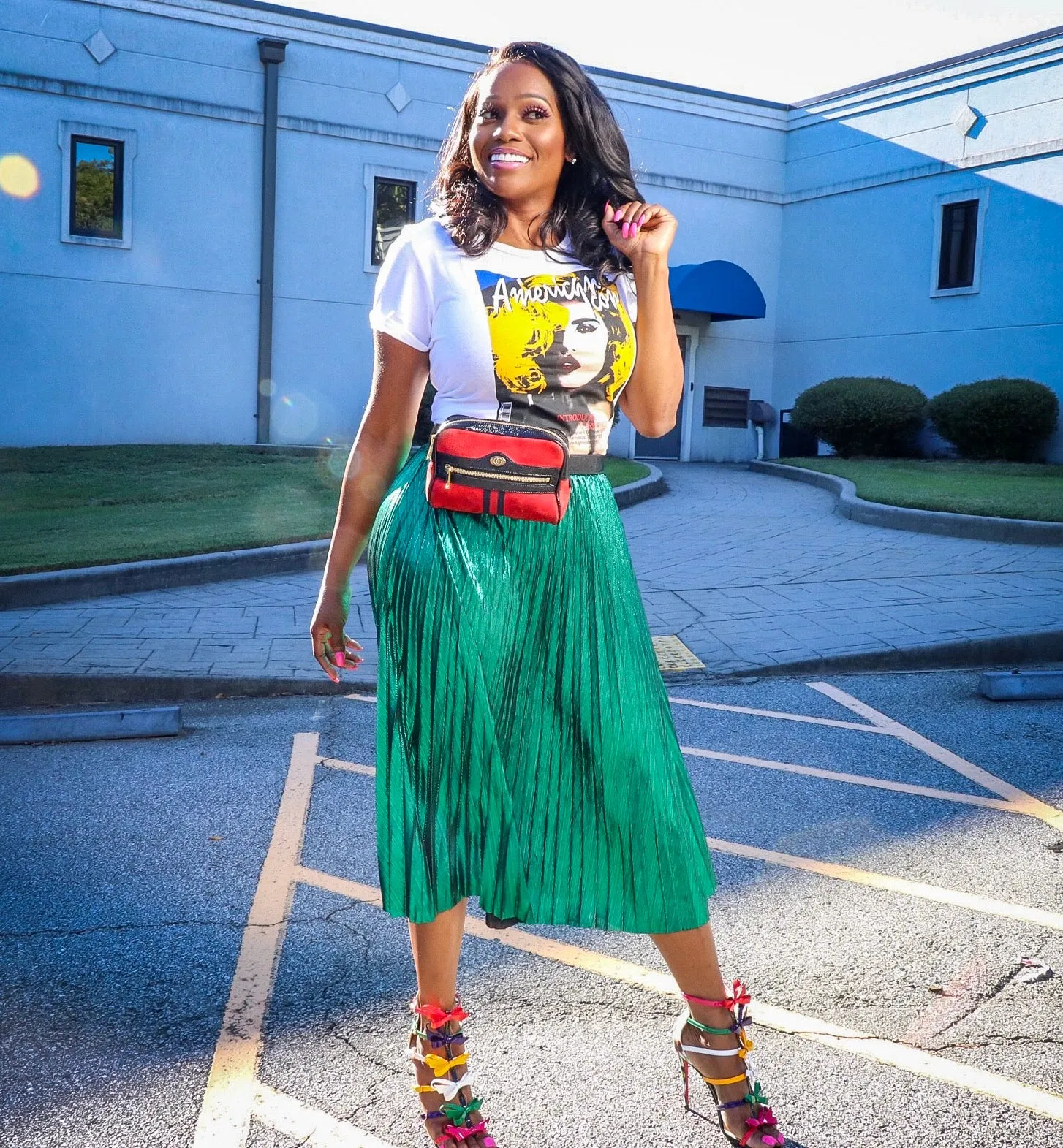 Esperanza Metallic Green Pleated Midi Skirt