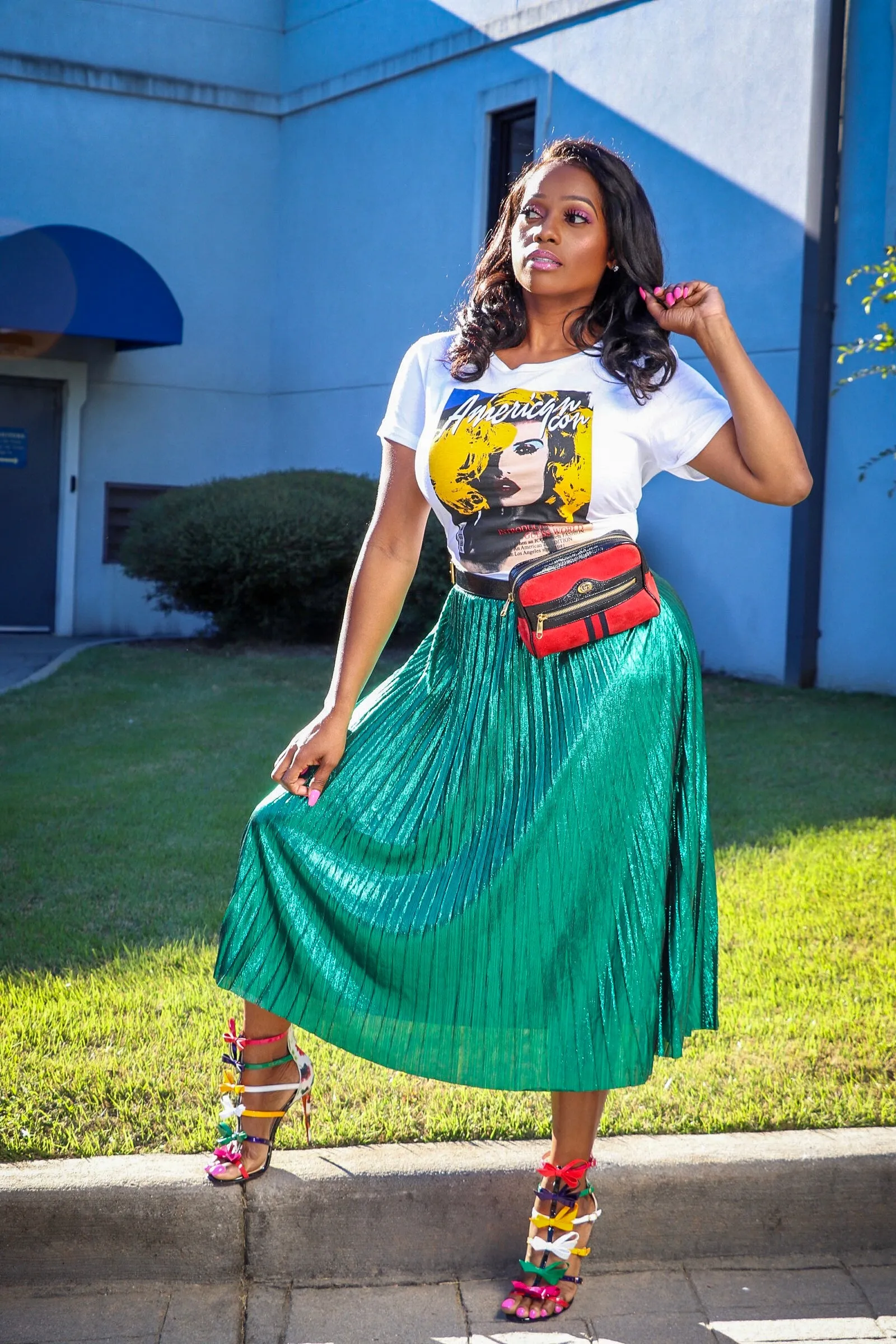 Esperanza Metallic Green Pleated Midi Skirt