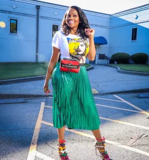 Esperanza Metallic Green Pleated Midi Skirt