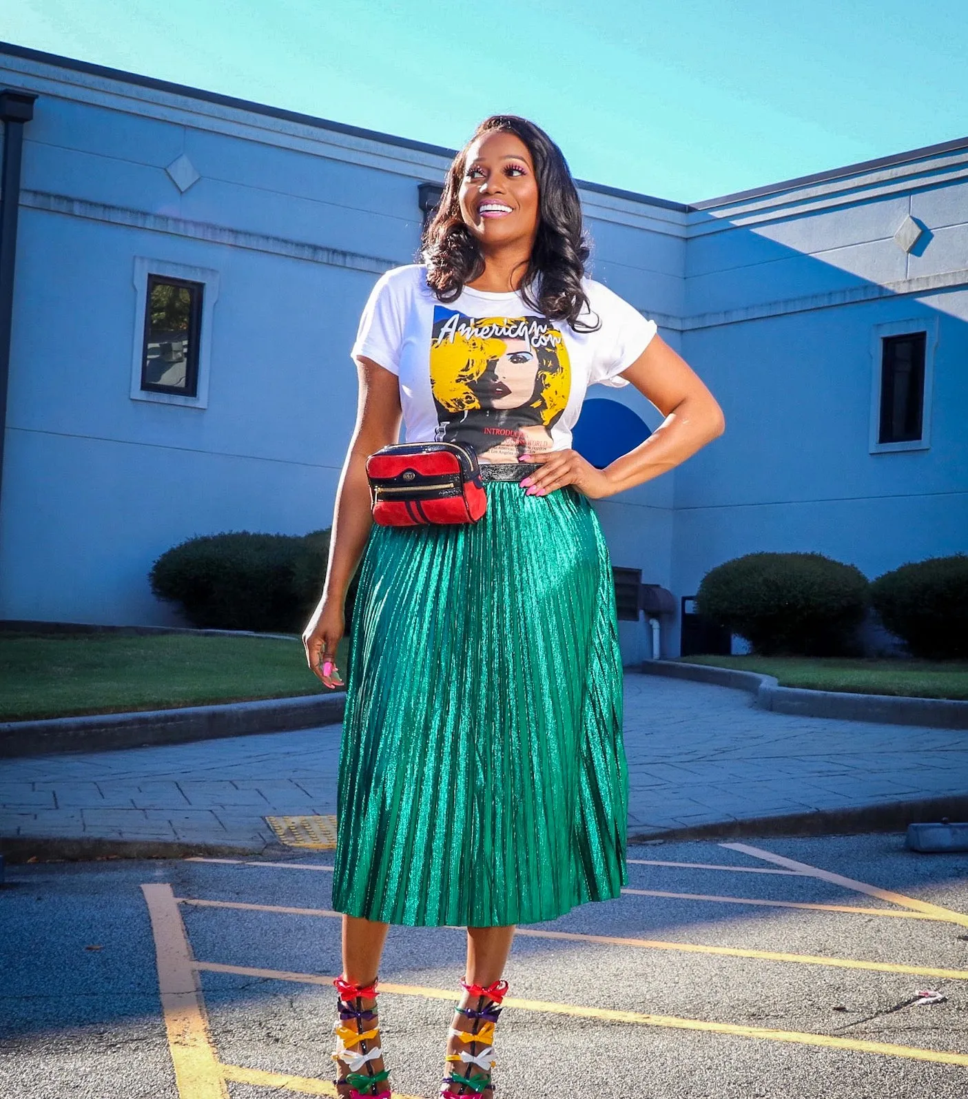 Esperanza Metallic Green Pleated Midi Skirt