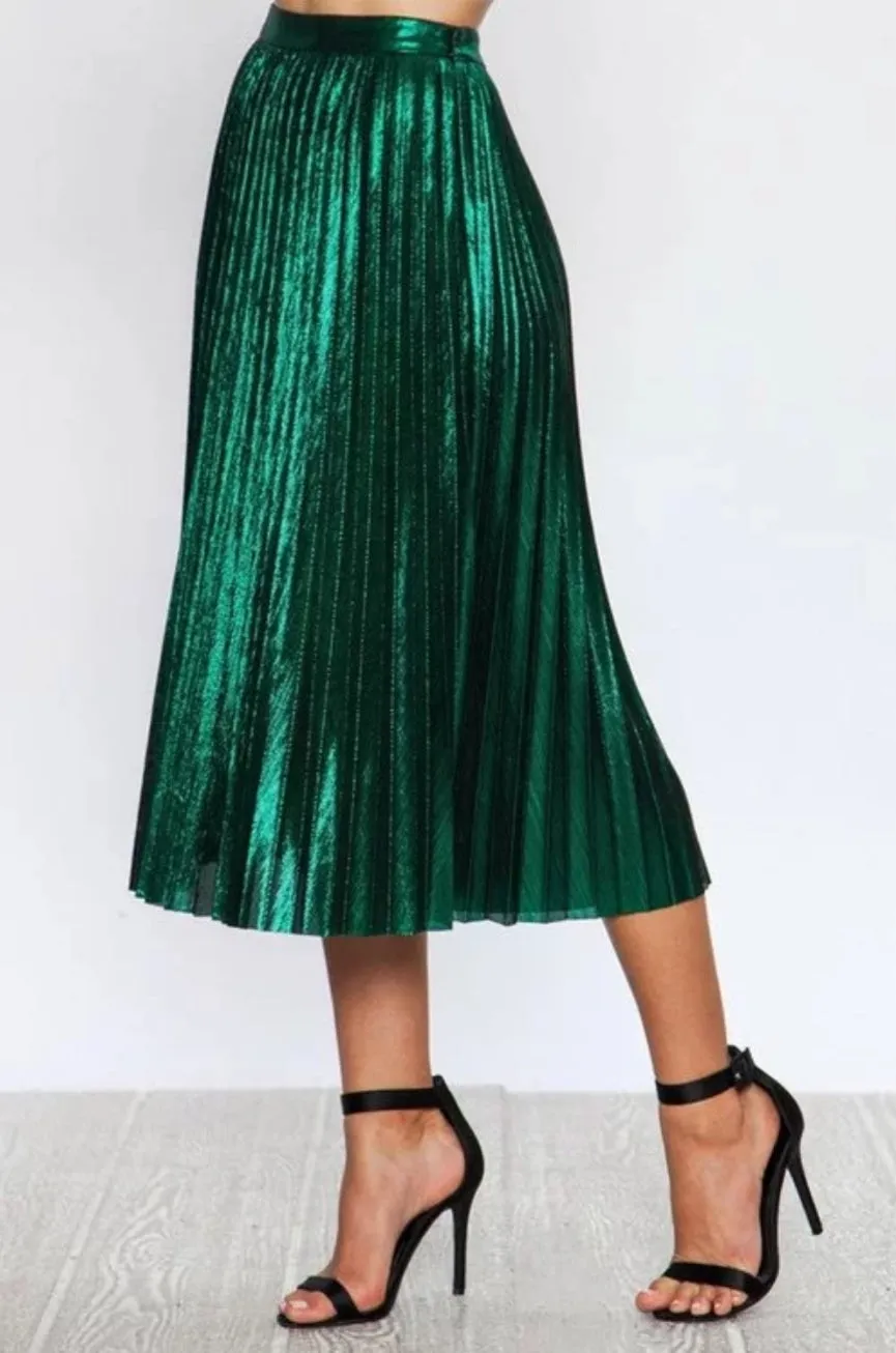 Esperanza Metallic Green Pleated Midi Skirt
