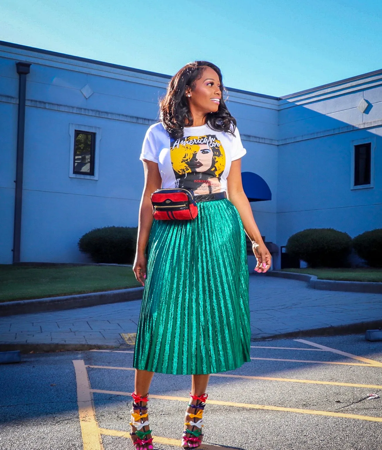 Esperanza Metallic Green Pleated Midi Skirt