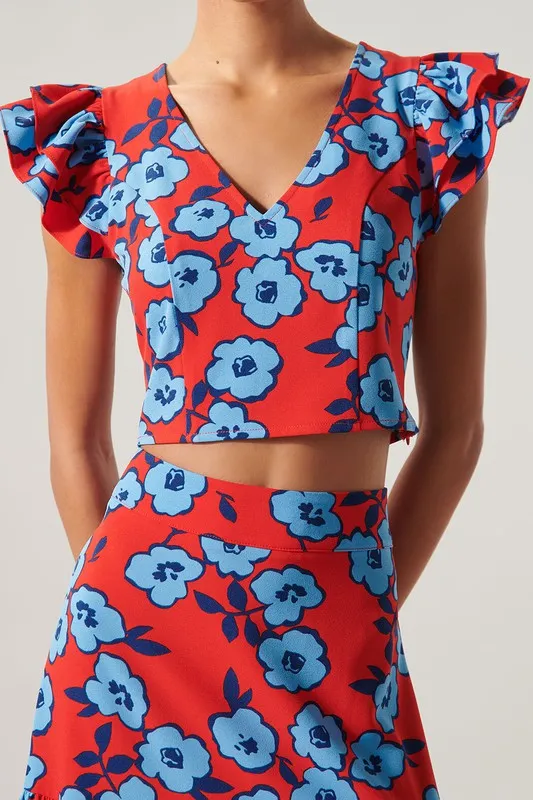 Floral Ruffle Shoulder Crop Top