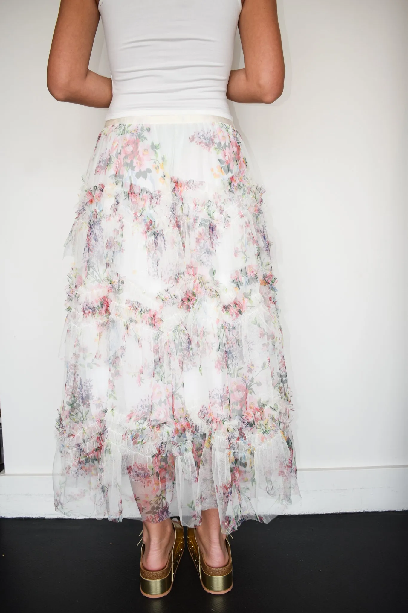 Floral Tulle Maxi Skirt- White