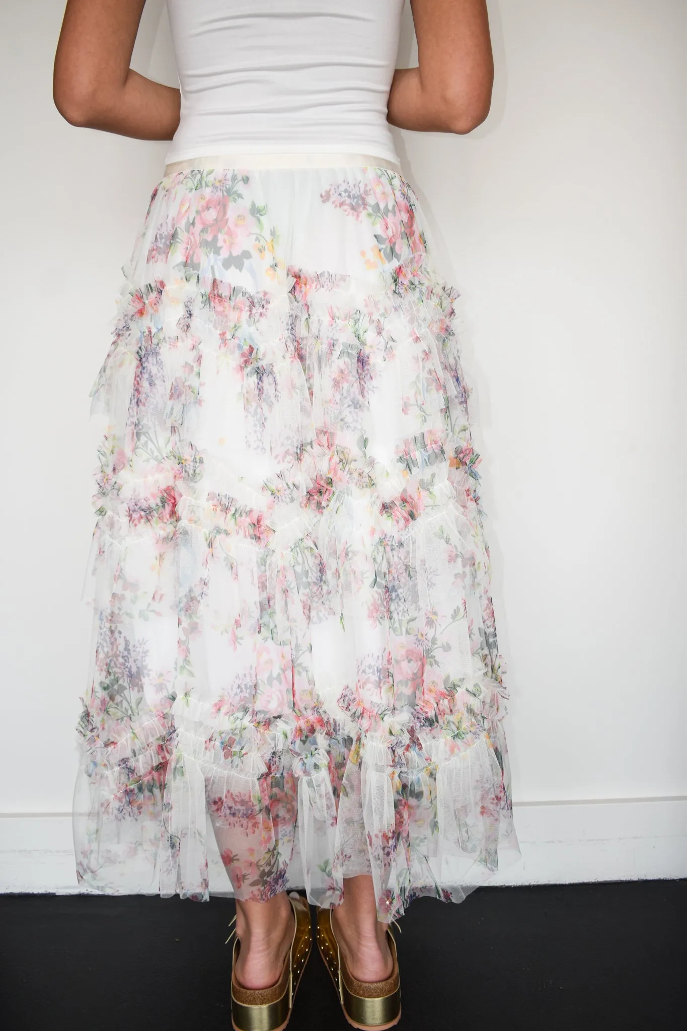 Floral Tulle Maxi Skirt- White