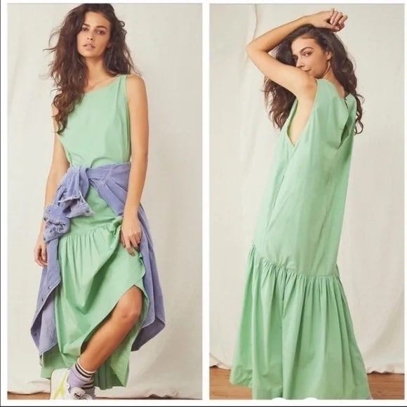 Free People Dakota Drop Waist MIDI Dress Green Size Small NWT