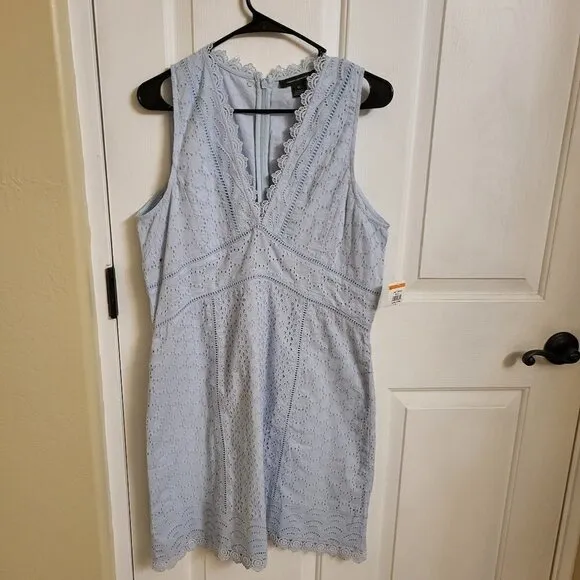 French Connection Women's Eso Zhara Lace V Neck Dress Light Dream Blue 12 NWT