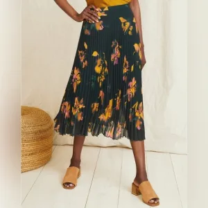 Garnet Hill Recycled Pleated Midi Skirt Midnight Pine Floral