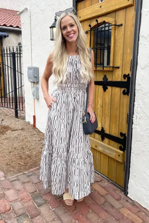 Geometric Striped Square Neckline Midi Dress