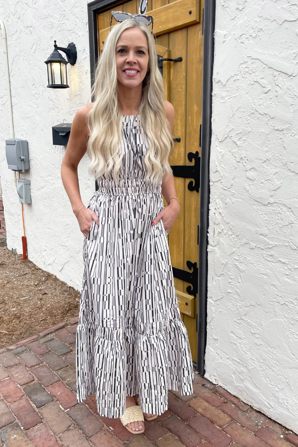 Geometric Striped Square Neckline Midi Dress