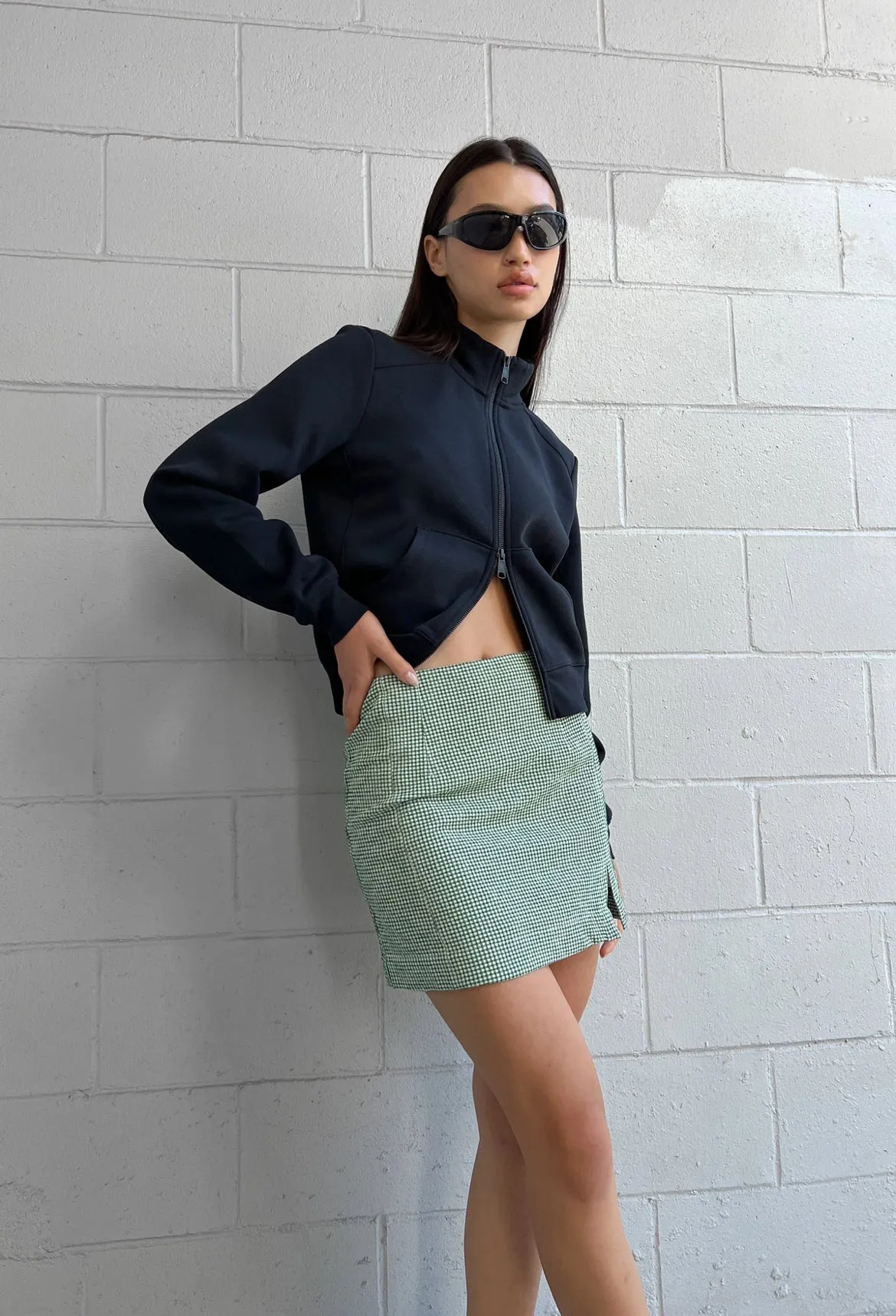 Gingham Mini Skirt with Front Slit