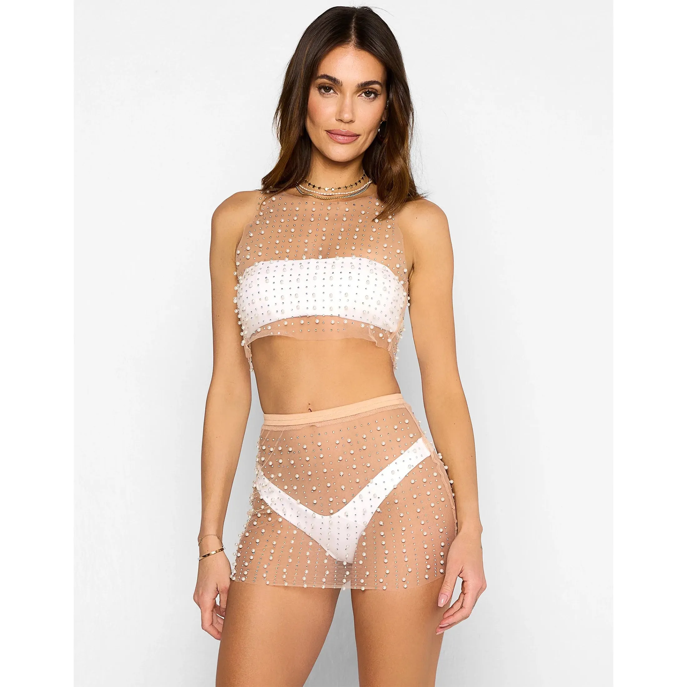 Glitzy Girl Mesh Pearl Top & Skirt Set