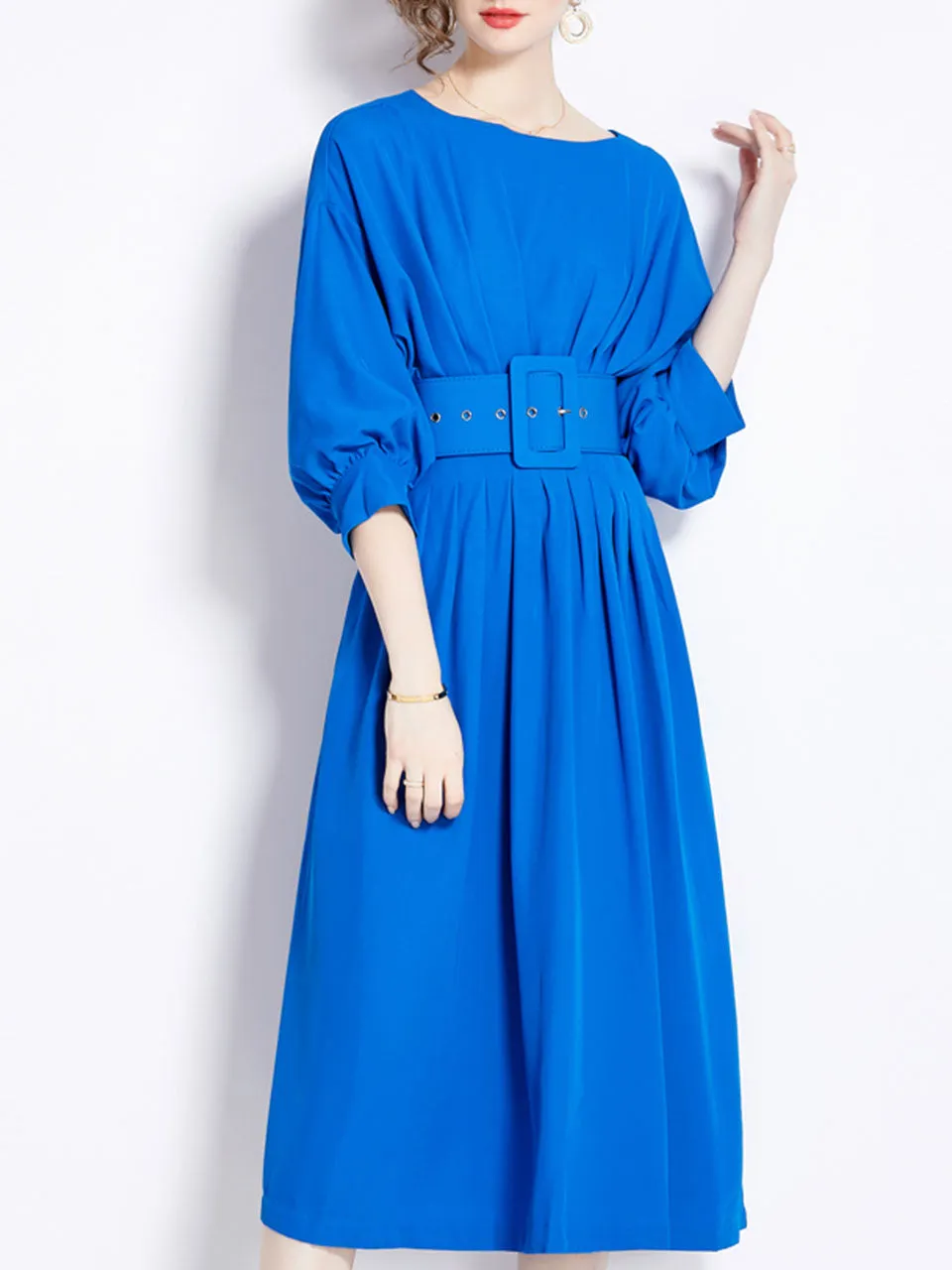 Green Dolman Sleeve High Waist Swing Party Dress With Belt