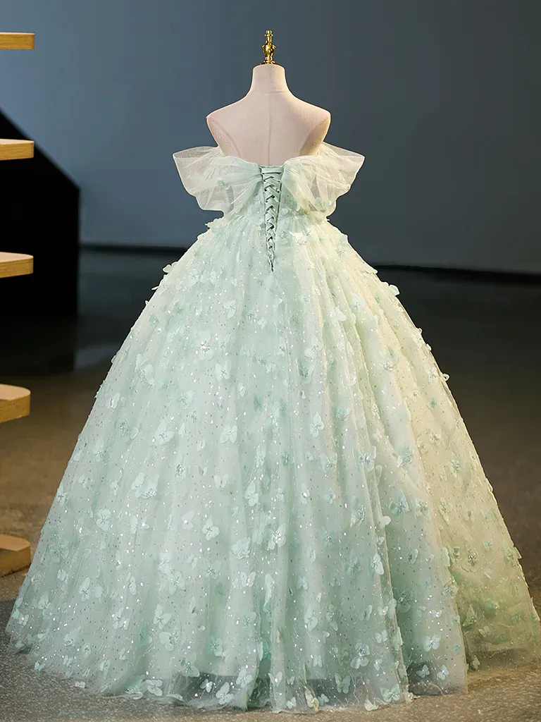 Green Tulle A-Line Lace Long Prom Dress, Green Lace Long Sweet 16 Dress       fg5229